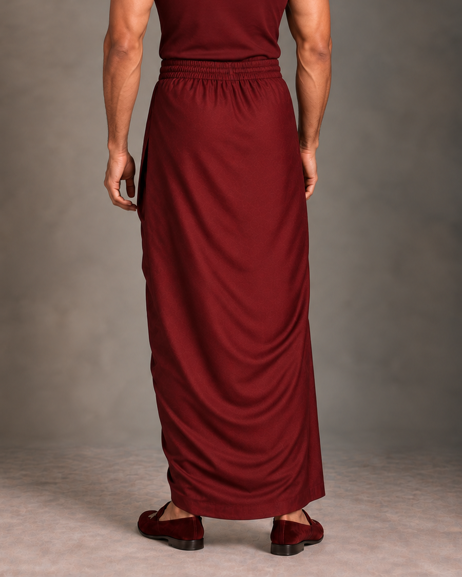 Wine Gathered Drape Silk Lungi