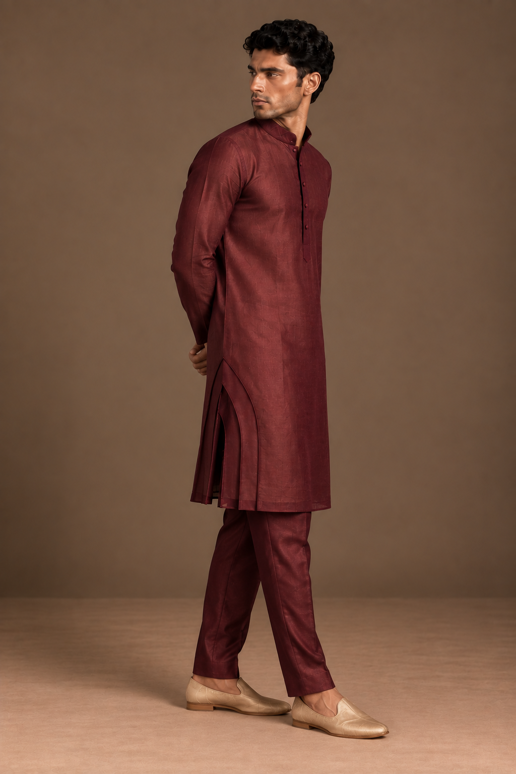 Wine Sculpted Side Panel Kurta