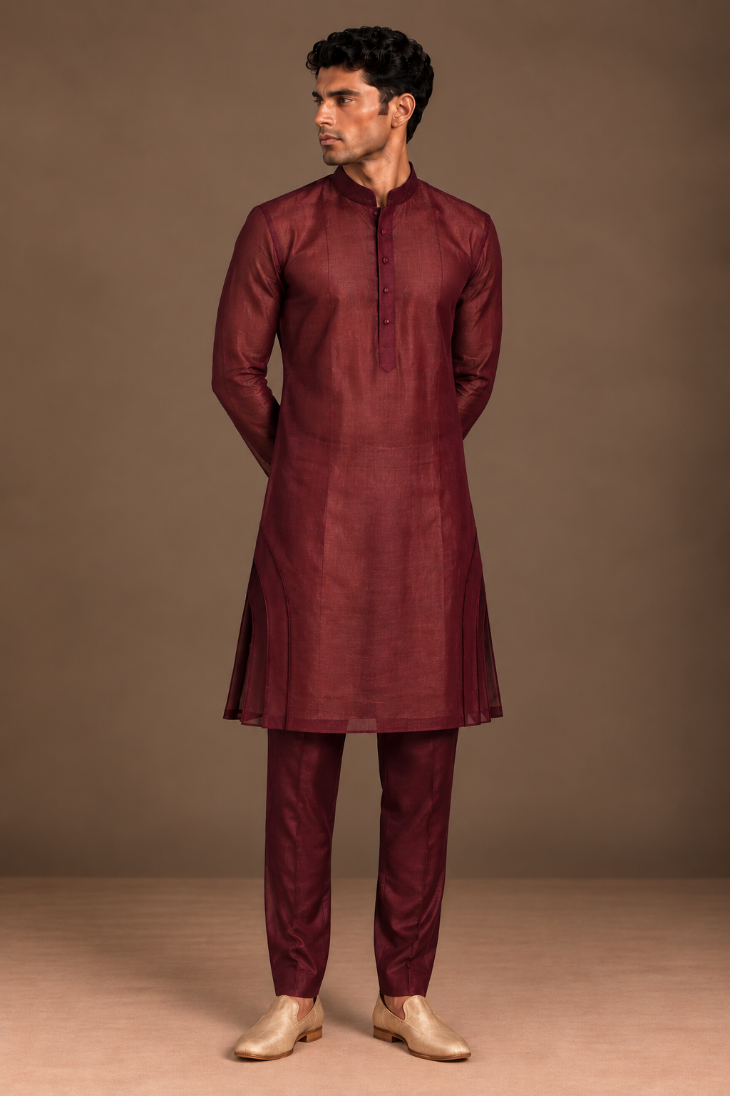 Wine Sculpted Side Panel Kurta