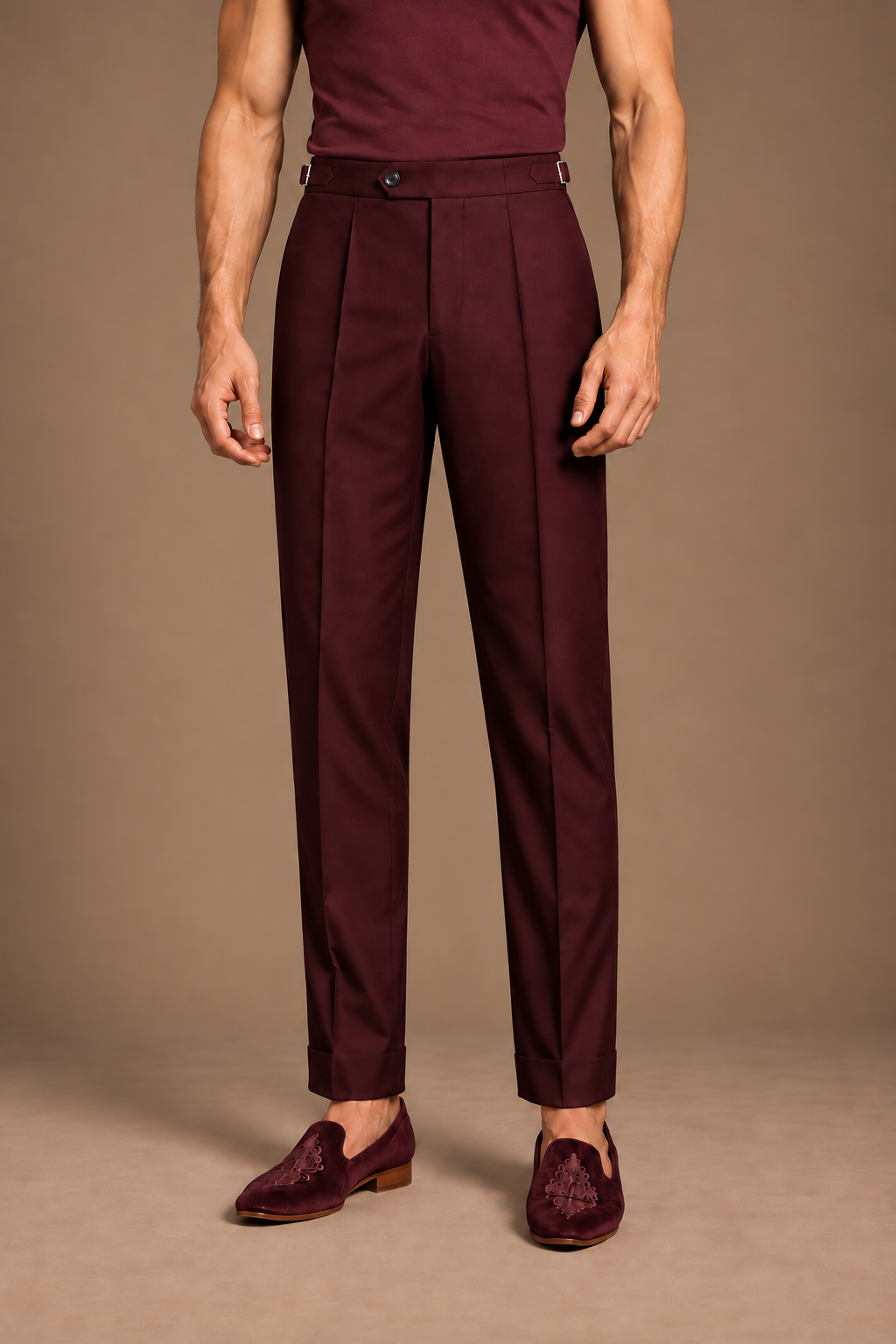 Wine Side-Buckle Tailored Trouser