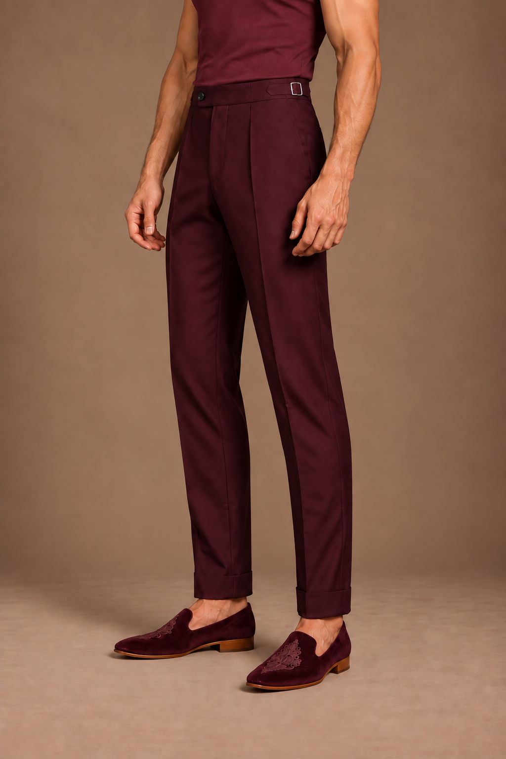 Wine Side-Buckle Tailored Trouser
